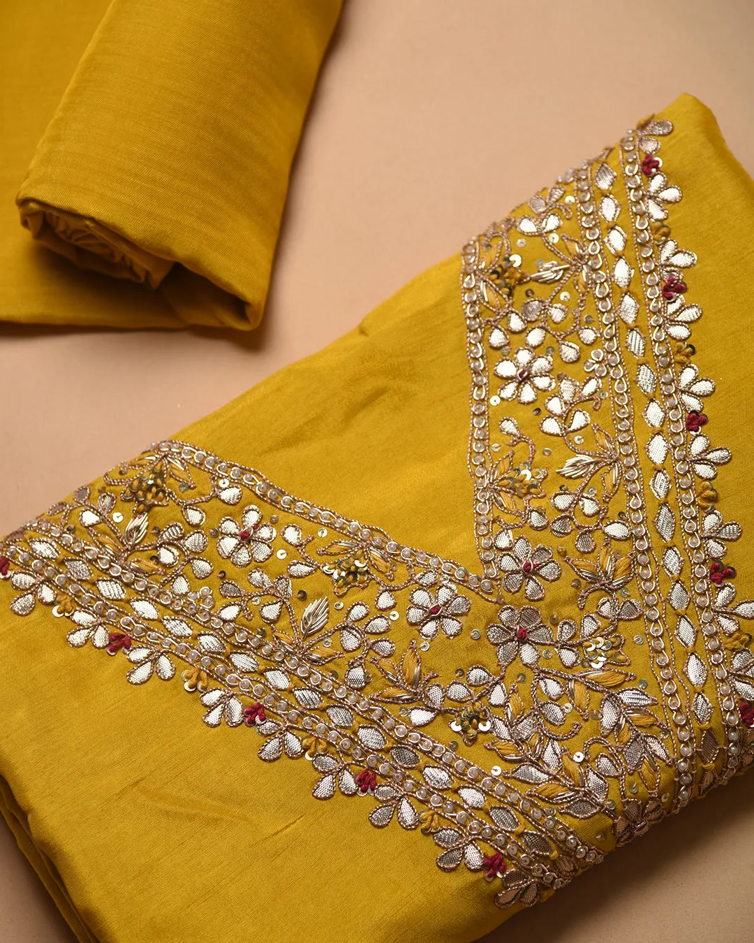 Yellow Silk Viscose Blend Hand Embellished Unstitched Suit Fabric Set With Silk Viscose Blend Banarasi Woven Dupatta