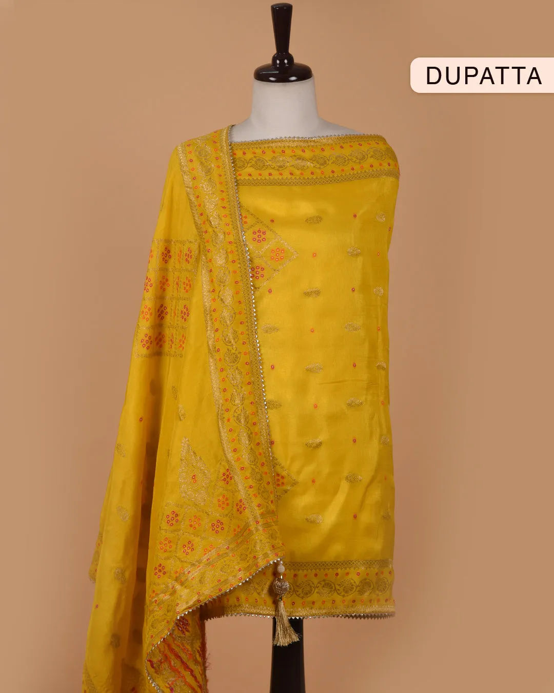Yellow Silk Viscose Blend Hand Embellished Unstitched Suit Fabric Set With Silk Viscose Blend Banarasi Woven Dupatta