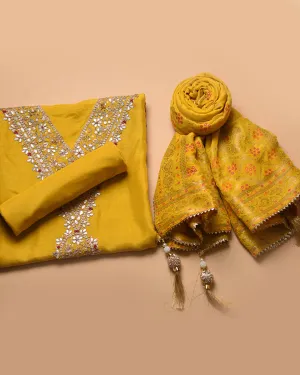 Yellow Silk Viscose Blend Hand Embellished Unstitched Suit Fabric Set With Silk Viscose Blend Banarasi Woven Dupatta