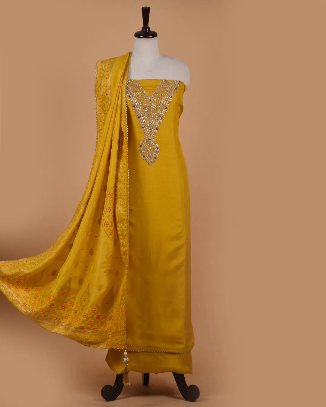 Yellow Silk Viscose Blend Hand Embellished Unstitched Suit Fabric Set With Silk Viscose Blend Banarasi Woven Dupatta