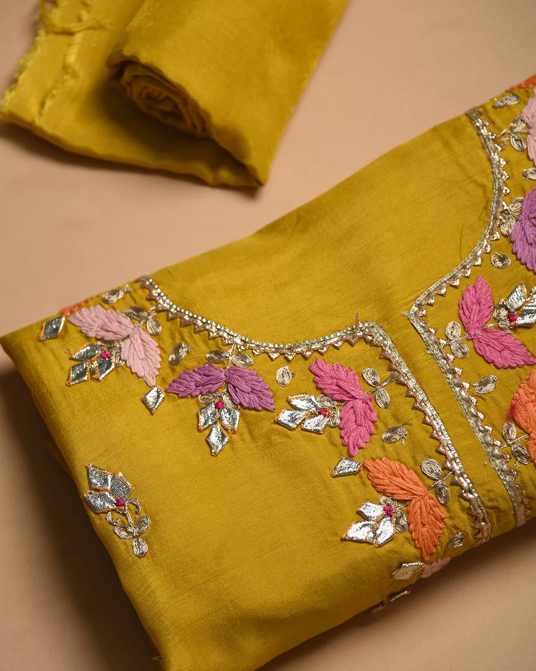 Yellow Silk Viscose Blend Hand Embroidered Unstitched Suit Fabric Set With Organza Blend Woven Dupatta