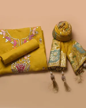 Yellow Silk Viscose Blend Hand Embroidered Unstitched Suit Fabric Set With Organza Blend Woven Dupatta