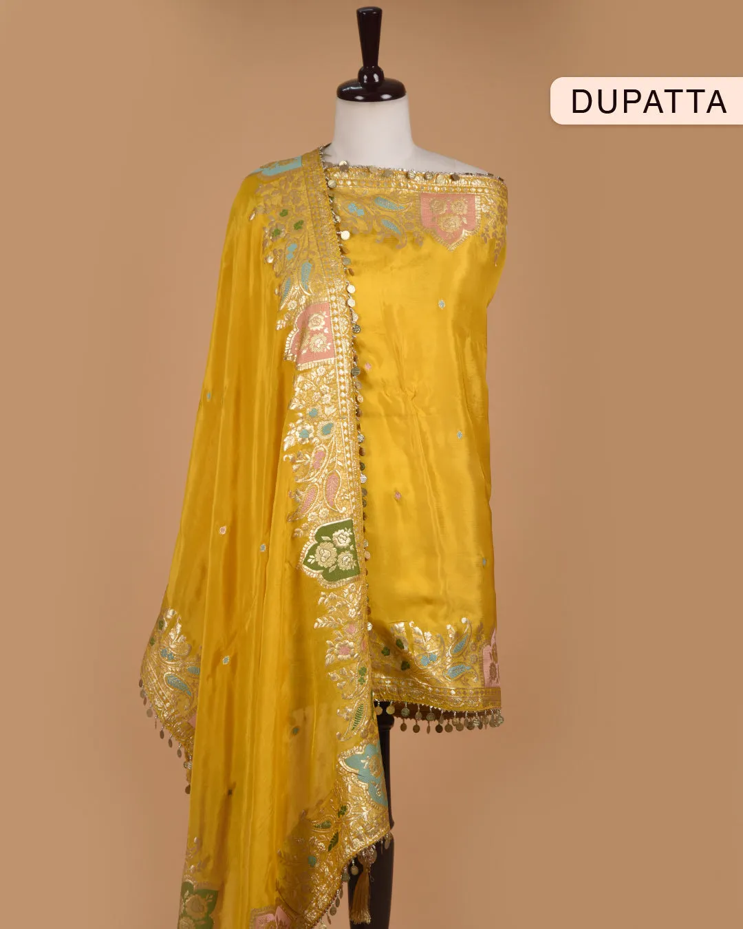 Yellow Silk Viscose Blend Hand Embroidered Unstitched Suit Fabric Set With Organza Blend Woven Dupatta