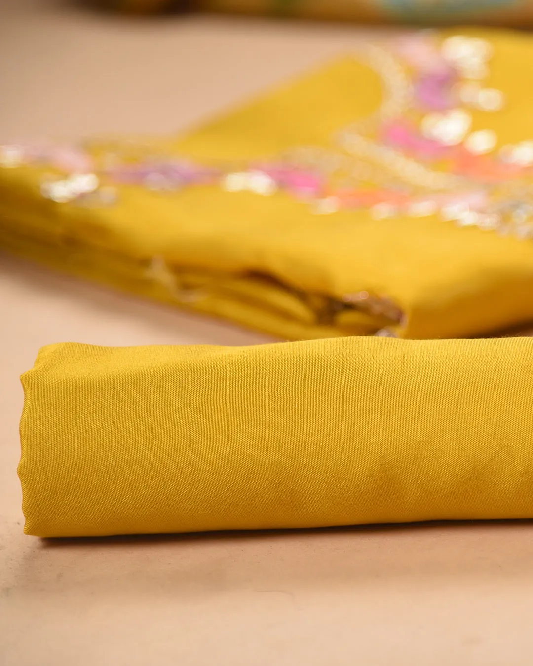 Yellow Silk Viscose Blend Hand Embroidered Unstitched Suit Fabric Set With Organza Blend Woven Dupatta