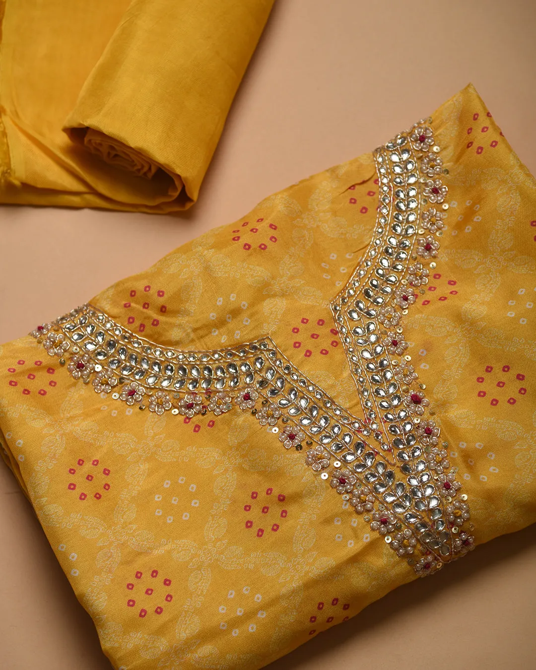 Yellow Silk Viscose Woven With Embroidery Unstitched Suit Fabric Set WIth Silk Banarasi Woven Dupatta