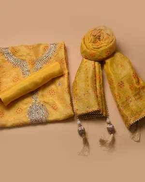 Yellow Silk Viscose Woven With Embroidery Unstitched Suit Fabric Set WIth Silk Banarasi Woven Dupatta