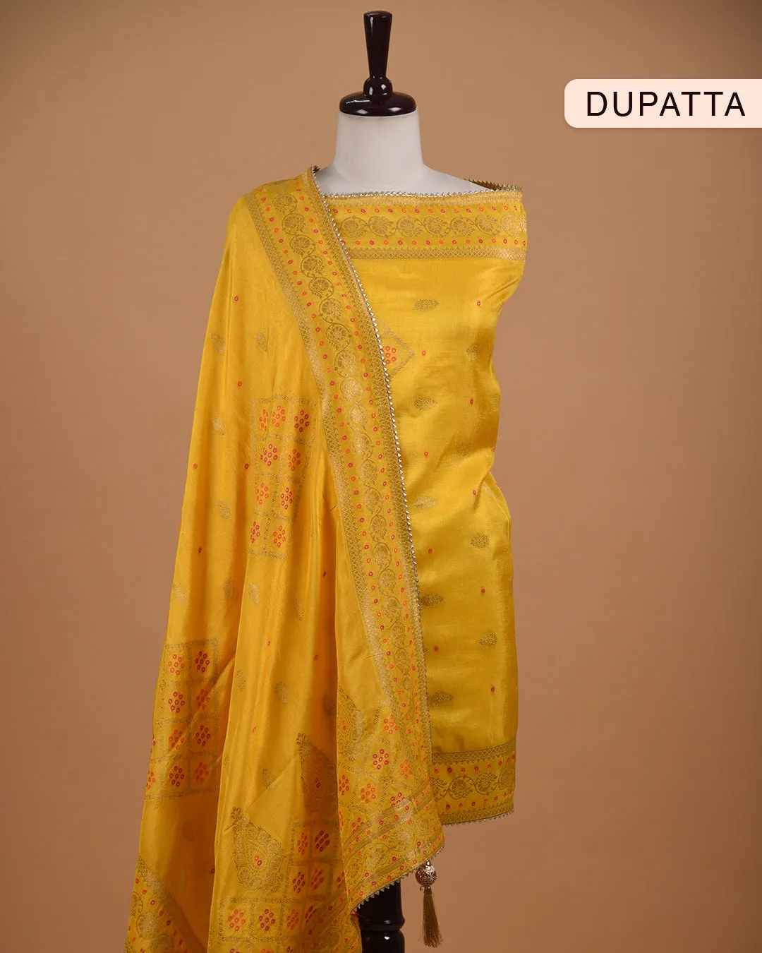 Yellow Silk Viscose Woven With Embroidery Unstitched Suit Fabric Set WIth Silk Banarasi Woven Dupatta