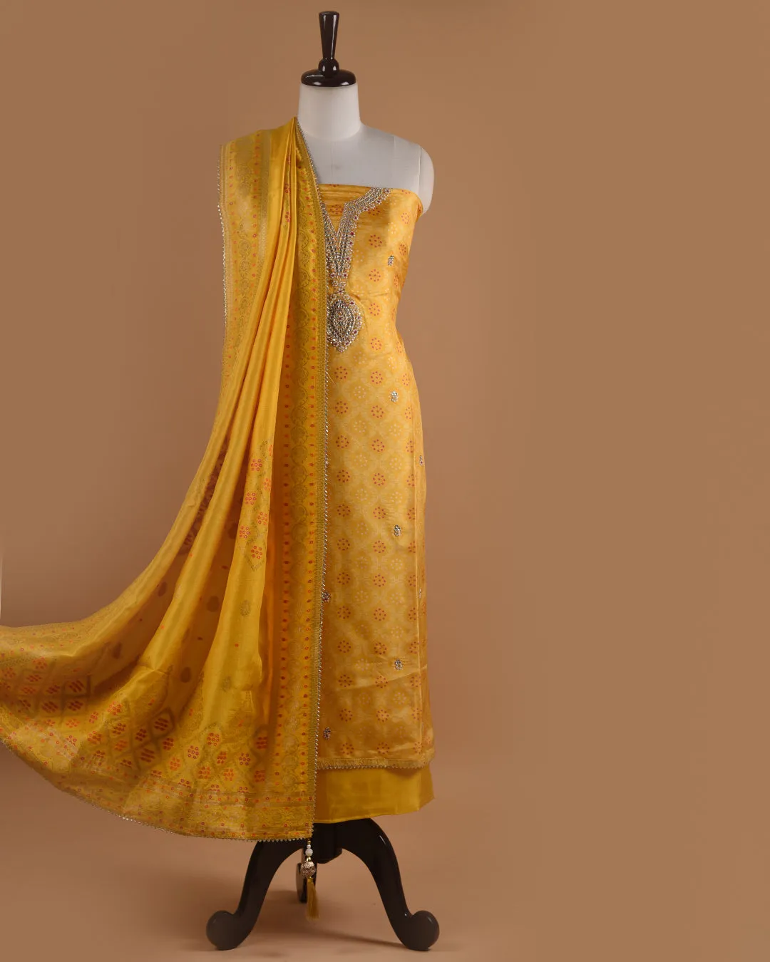 Yellow Silk Viscose Woven With Embroidery Unstitched Suit Fabric Set WIth Silk Banarasi Woven Dupatta