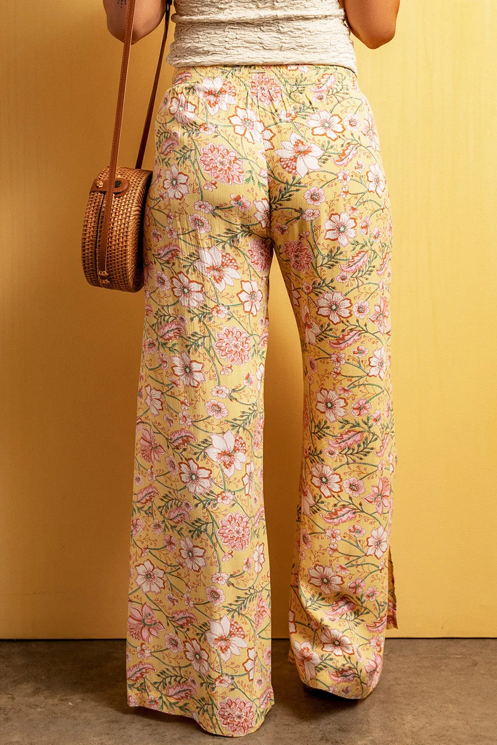 Yellow Thigh High Split Wide Leg Floral Pants