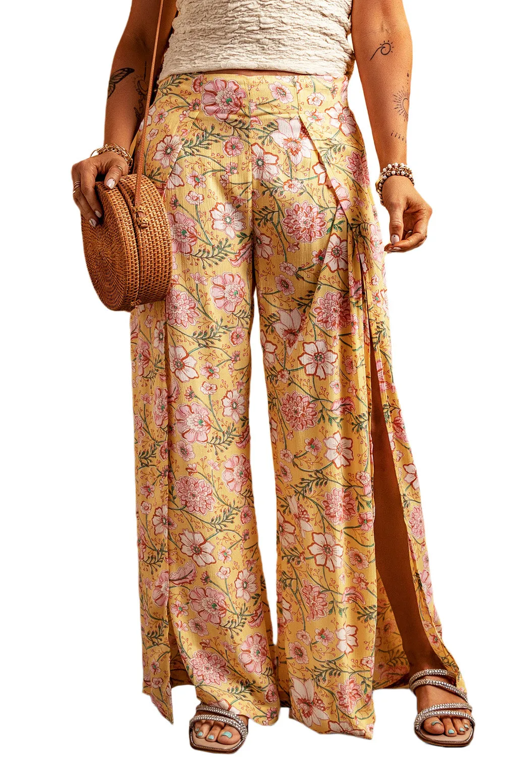 Yellow Thigh High Split Wide Leg Floral Pants
