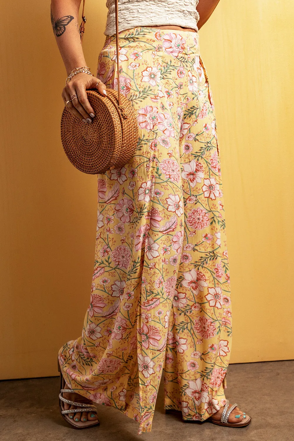 Yellow Thigh High Split Wide Leg Floral Pants