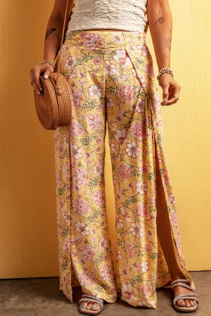Yellow Thigh High Split Wide Leg Floral Pants
